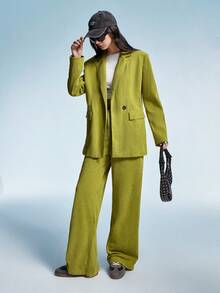 Aveloria EMERY ROSE Women's Autumn Corduroy Solid Color Loose Fit Wide Shoulder Lapel Minimalist Blazer And Wide Leg Pants Suit Set - Green - View 7