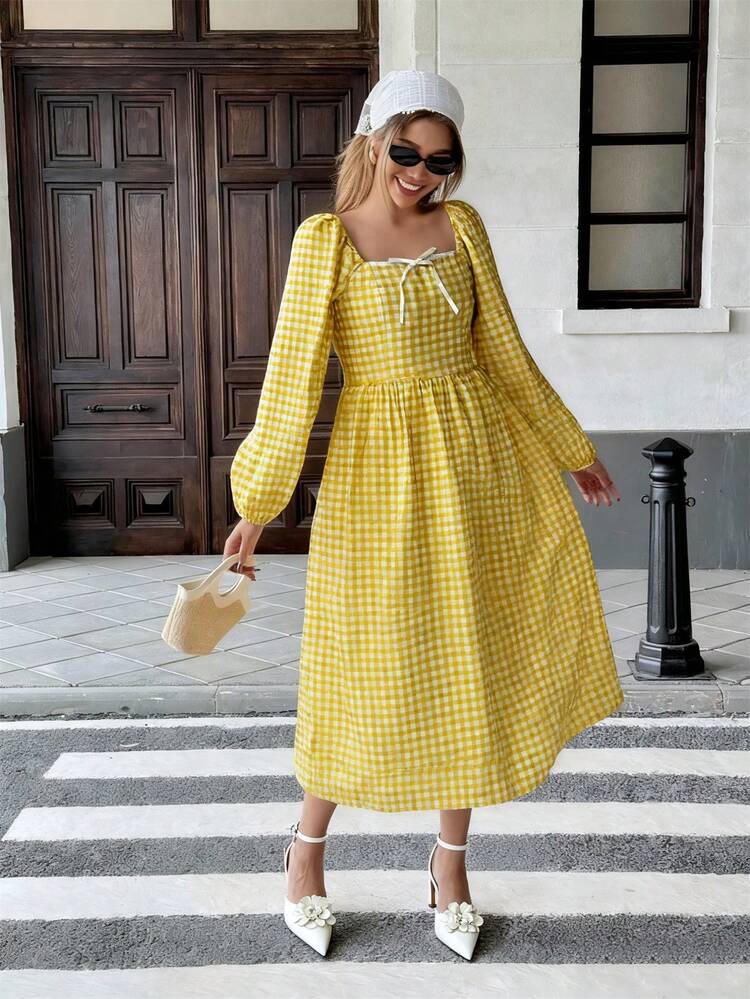 Pariaura French Vintage Yellow Gingham Square Neck Dress,Lace Bow