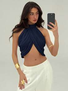 Aloruh Áo cánh nữ cổ bẻ xếp ly thanh lịch gợi cảm thời trang thường ngày bằng vải voan chiffon - Màu xanh hải quân - Xem 6