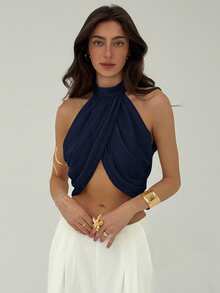 Aloruh Áo cánh nữ cổ bẻ xếp ly thanh lịch gợi cảm thời trang thường ngày bằng vải voan chiffon - Màu xanh hải quân - Xem 10