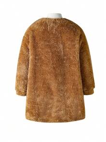 SHEIN Tween Girls Casual Basic Fuzzy V-Neck Drop Shoulder Mid-Length Cardigan, Autumn/Winter - Coffee Brown - View 2