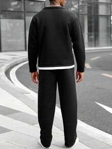 Manfinity Homme Men's Casual Everyday Commute 2 In 1 Sweatshirt And Drawstring Waist Seam Front Sweatpants Set, Spring/Autumn - Black - View 2