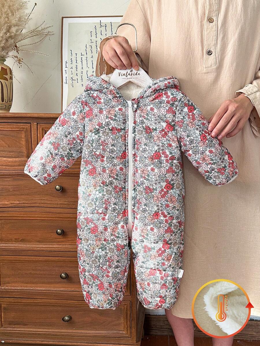 SHEIN Vintaside Kids 女婴连帽连体衣，蓬松可爱碎花图案，冬季款 - 彩色 - 查看 1