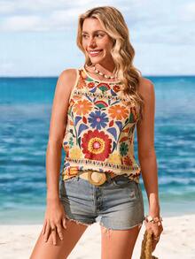 Sylviya Casual Minimalist Women's Flower Decor Round Neck Tank Top, Suitable For Spring/Summer Suitable For Going Out