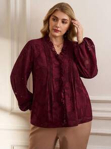 EMERY ROSE Plus Size V-Neck Long Sleeve Pleated Ruffle Hem Elegant Fashion Blouse For Women Red Top  Stylish Clothing Collection Elegant Party Clothes For New Year Christmas Clothes For Women  Winter Clothes For Women
