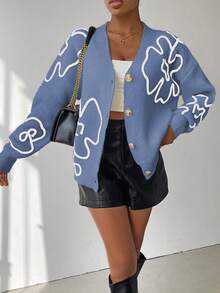 SHEIN Unity Floral Pattern Drop Shoulder Cardigan - Baby Blue - View 3