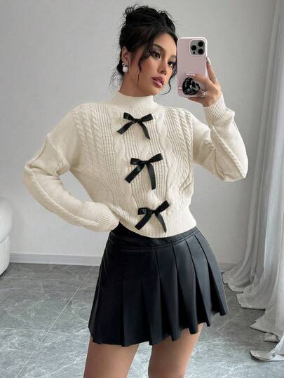 Elenzga Suéter de manga larga suave y esponjoso con lazo francés para mujer, invierno