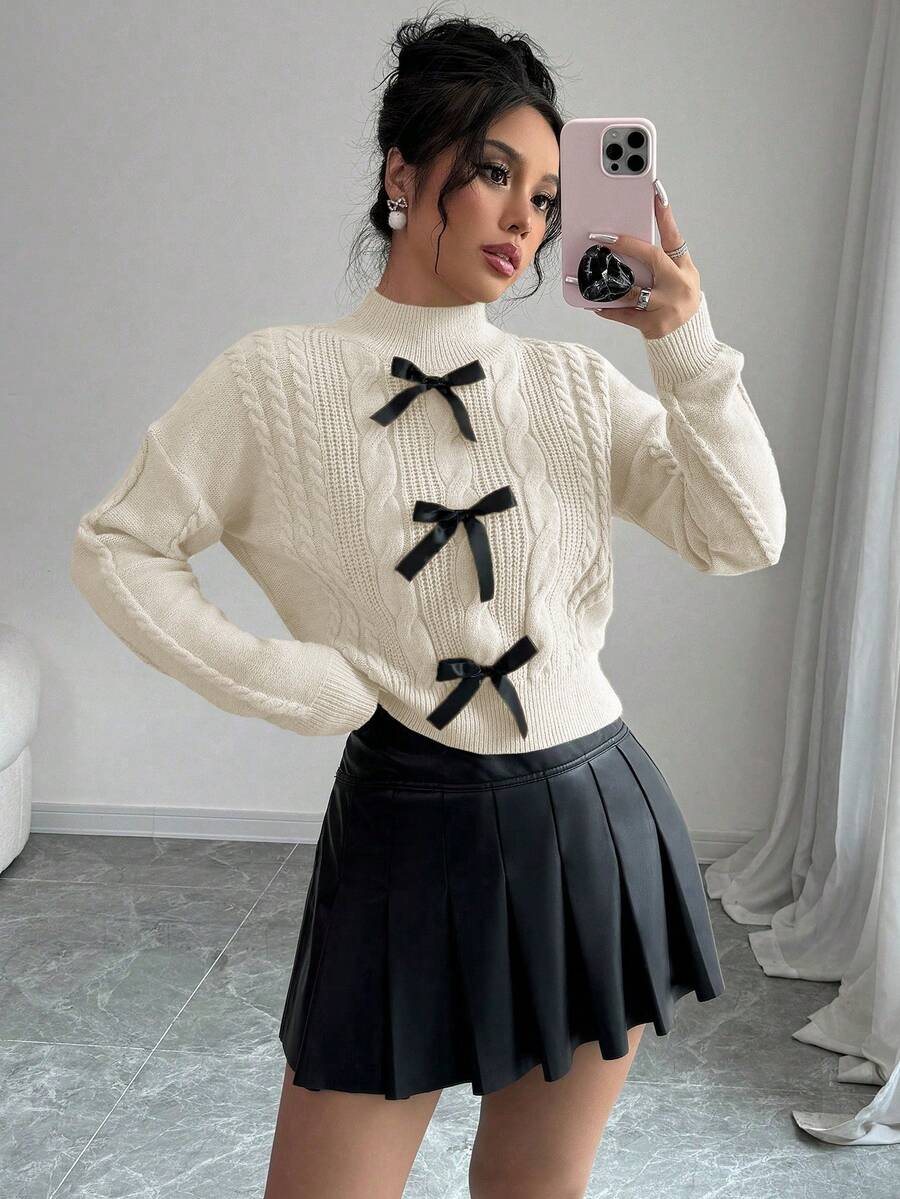 Elenzga French Bow Knit Soft & Fluffy Long Sleeve Sweater For Women, Winter - Beige - View 1