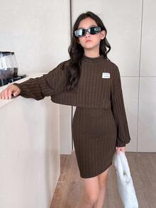 SHEIN Tween Girls' Autumn Back To School Outfit - Soft Textured Ribbed Knit Loose Turtleneck Cropped Sweatshirt & Fitted Camisole Dress 2-Piece Set - Coffee Brown - View 1