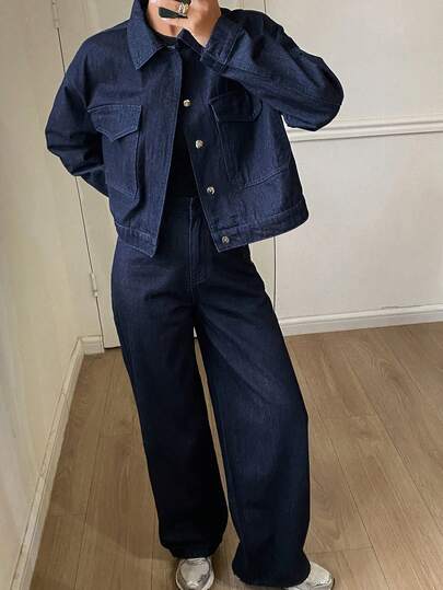 DAZY Women's Casual Solid Color Jacket And Wide Leg Jeans Suit, Autumn