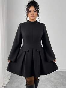 Elenzga Plus Size Women's Solid Color Stand Collar Lantern Sleeve Ruffle Hem Elegant Mini Dress, Faux Pocket Chic Blazer Dress - Black - View 1