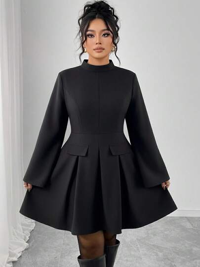 Elenzga Plus Size Women's Solid Color Stand Collar Lantern Sleeve Ruffle Hem Elegant Mini Dress, Faux Pocket Chic Blazer Dress