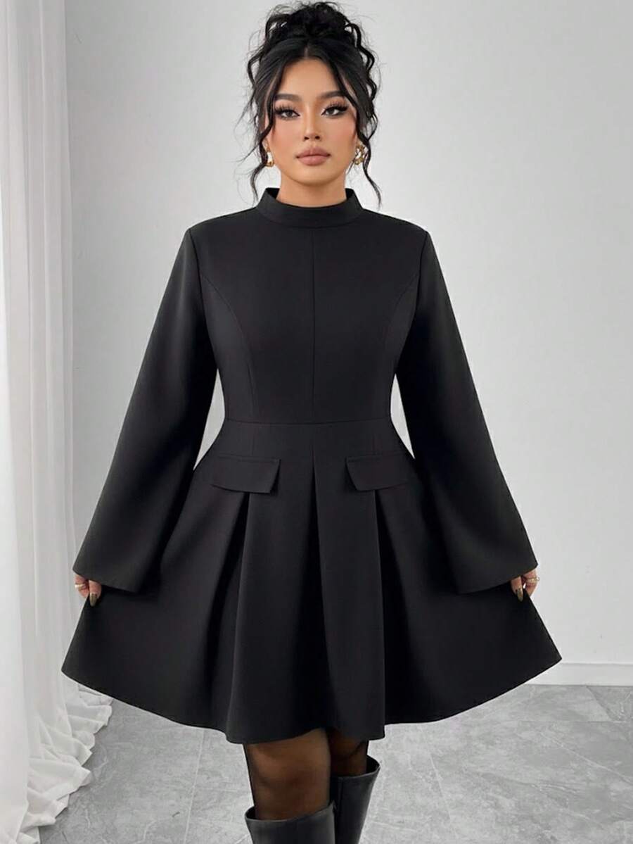 Elenzga Plus Size Women's Solid Color Stand Collar Lantern Sleeve Ruffle Hem Elegant Mini Dress, Faux Pocket Chic Blazer Dress - Black - View 1