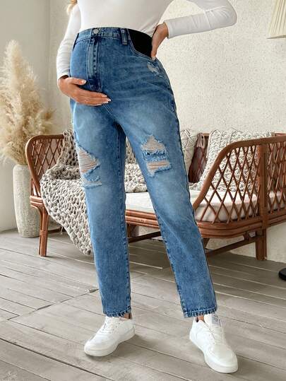SHEIN Jeans casuales y versátiles de talle alto con efecto desgastado azul para maternidad