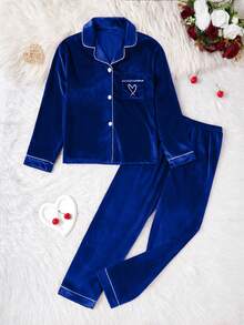 SHEIN 2件套女童韩版羊毛心形刺绣开衫和裤子睡衣套装 - 藍色 - 查看 4