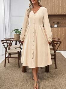 EMERY ROSE Women's Solid Color V-Neck Long Sleeve Single-Breasted Casual Mid-Length Dress Women Dresses Autumn Winter  One-Piece Dress Ladies Autumn Winter Cozy Fall And Winter Clothes For Women  New Year Dress - White - View 5