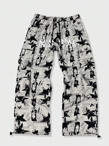 ROMWE MEN Street Life Spring Casual Camo Men'S Letter & Pentagram Star Print Cargo Pocket Wide Leg Pants - Grey - View 6