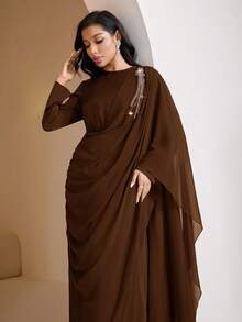 Veilorie Women's Rhinestone Decor Round Neck Pleated Elegant Arabic Style Dress - Mocha Brown - View 6