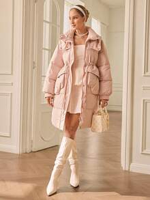 Chiquease 全新时尚休闲别致简约高端拉链连帽领中长款棉服外套 - 粉色 - 查看 5