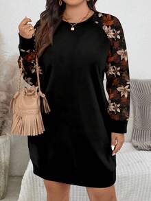 EMERY ROSE Vintage Maple Leaf Print Casual Minimalist Plus Size Women Raglan Sleeve Crew Neck Sweatshirt, Black Long Sweatshirt For Autumn/Winter Plus Size Casual Dress - Multicolor - View 5