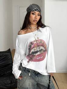 Coolane Women's Fall  Streetwear Daily Wear Casual Vintage Homecoming Y2K Graphics Comfortable Asymmetrical Neck Off The Shoulder Long Sleeve T-Shirt