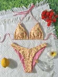 Swim Mod 新款女式夏季两件套随机花卉格子印花三角吊带比基尼上衣和下装套装，海滩度假泳装 - 彩色 - 查看 4