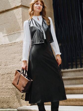 Écloséra Nytt set i fransk vintagestil med konstläderväst och A-linjekjol med åtsittande midja, 2 delar för kvinnor, höst/vinter