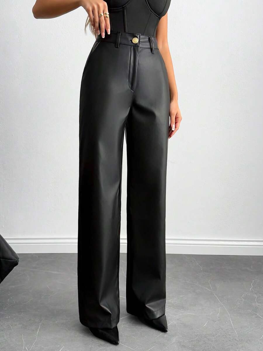 SHEIN Phong cách táo bạo – Quần da bóng bẩy đính đinh tán bên hông / Phong cách nổi loạn thành thị – Quần da đính đinh tán bên hông - màu đen - Xem 1