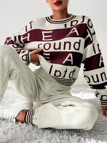 EURMUSE Women Letter & Stripe Pattern Round Neck Long Sleeve Top And Solid Color Pants Sweater Set - Multicolor - View 7