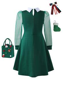 1pc Girls Wednesday Shirt Collar Black Mesh Patchwork Long Sleeve Dress, Mesh Puff Sleeve Dress, Autumn (Dress Only) - Dark Green - View 2