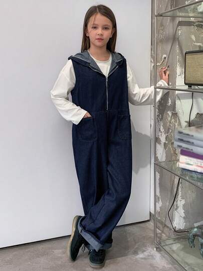 DAZY Tween Girls Casual Zipper Hooded Denim Jumpsuit