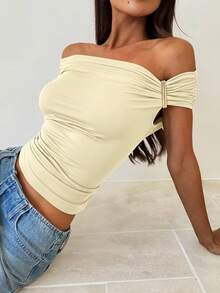 Aloruh 女式纯色褶皱露肩修身时尚T恤 - 杏色 - 查看 3