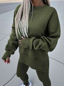 INAWLY Plus Size Casual Loose Solid Color Round Neck Split Hem Sweatshirt And Skinny Pants 2 Pieces Set, Autumn - Army Green - View 7