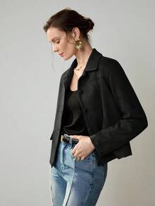 Uhlyne 女式复古经典硬币设计优雅休闲西装外套，配有仿口袋和纽扣，简约通勤夹克 - 黑色 - 查看 4