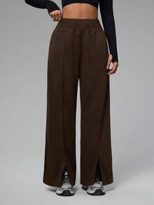 Dewbera Damen einfarbige Hose mit elastischem Bund, gerade Beine, locker geschnitten, hoher Bund, Sporthose, braune Hose, Hose mit hoher Taille, weite Beine, Hose mit Schlitz am Saum, Damenhose mit weiten Beinen