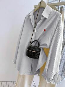 Franclia Women's Heart Embroidery Front Button Long Sleeve Shirt, New For Autumn, Spring & Summer