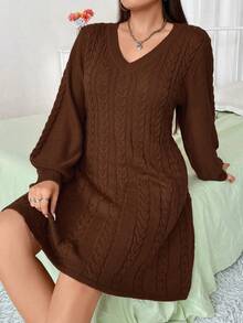 Vibekara Fashionable Lantern Sleeve V-Neck Cable Knit Sweater Dress