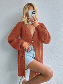 SHEIN Cottnline Women Solid Color Drop Shoulder Long Sleeve Single Button Casual Cardigan, For Autumn/Winter - Burnt Orange - View 3