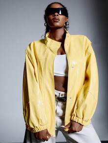 LYSMO Áo khoác PU màu vàng thời trang cỡ lớn, mùa thu - Màu vàng - Xem 5