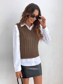 Serisse 秋冬季麻花针织毛衣提花纹理背心（不含衬衫） - 咖啡棕 - 查看 4