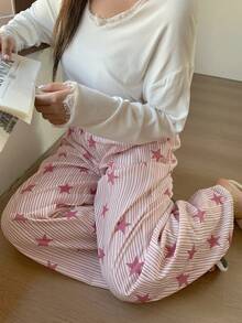 Dazy Plus 加大码弹力腰带条纹星形印花花卉宽松直筒睡裤，秋冬款 - 粉色 - 查看 7