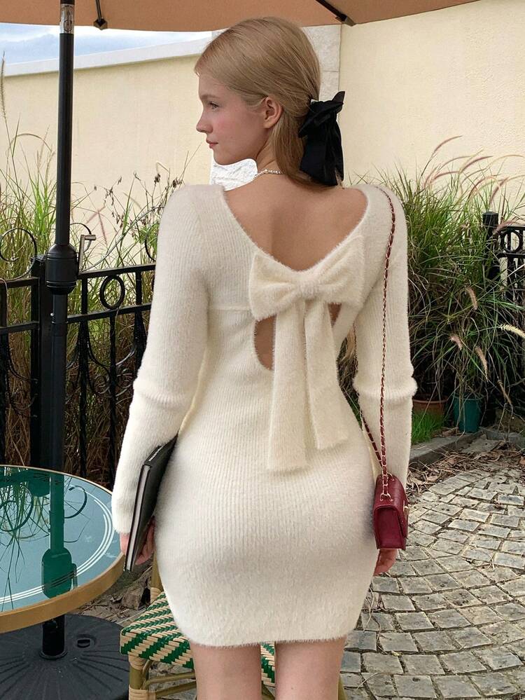 Women's Colorblock Bowknot Backless Fitted Bodycon Dress, Stylish Knit Sweater Dress For New Year, Christmas, Wedding Party