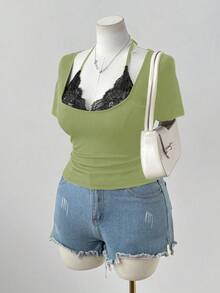 Sweetra Sexy Solid Color Lace Patchwork Slim Fit Bodycon T-Shirt