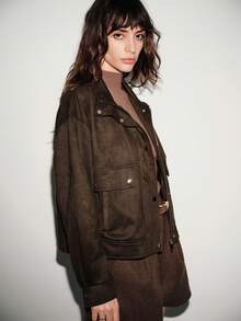 Lumivelle Autumn New Women's Retro Loose Version Stand Collar Long Sleeve Faux Suede Short Jacket, 25 Early Autumn European And American Fashion Casual Stand Collar Long Sleeve Jacket, Vintage Workwear Jacket