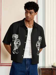 SWAVVY 男士落肩长袖前扣休闲百搭宽松罗马肖像印花衬衫 - 黑色 - 查看 5