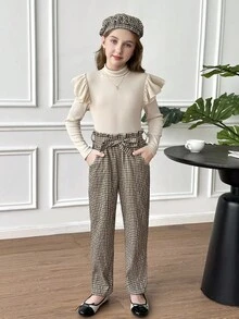 SHEIN Tween Girl 3 PiecesElegant Set: Ruffle Trim T-Shirt, Plaid Print Pants, And Hat - Khaki - View 4
