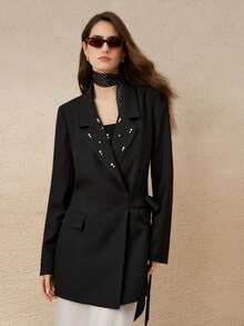 INAWLY Chaqueta blazer elegante de cintura ceñida con cuentas, estilo francés minimalista, para mujer, nueva para otoño - Negro - Ver 5