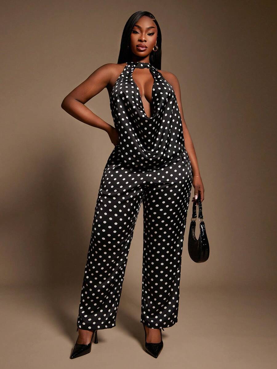 Radiana Plus Size Women's Elegant & Sexy Black & White Polka Dot Cowl Neck Sleeveless Top And Slim Fit Pants Set, Autumn/Winter - Black and White - View 1