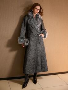 MOTF PREMIUM 女士仿皮草领羊毛混纺大衣，秋冬 - 黑色 - 查看 3