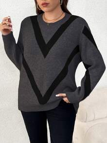 Elenzga Suéter de punto jacquard de manga larga, cuello redondo, estilizador, de moda casual para mujer de talla grande, otoño/invierno - Gris Oscuro - Ver 3